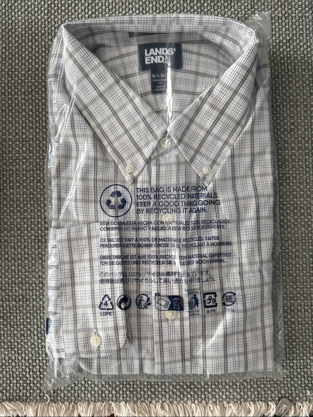 Lands' End Men's White and Blue Plaid Button-Down Shirt